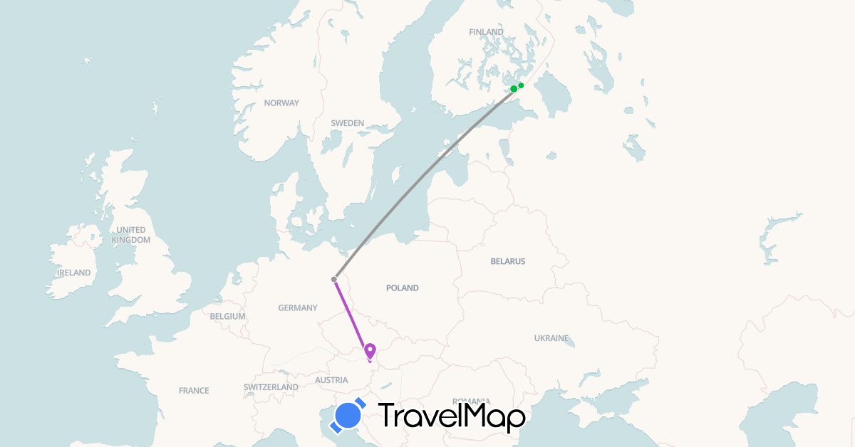 TravelMap itinerary: bus, plane, train in Austria, Germany, Finland (Europe)